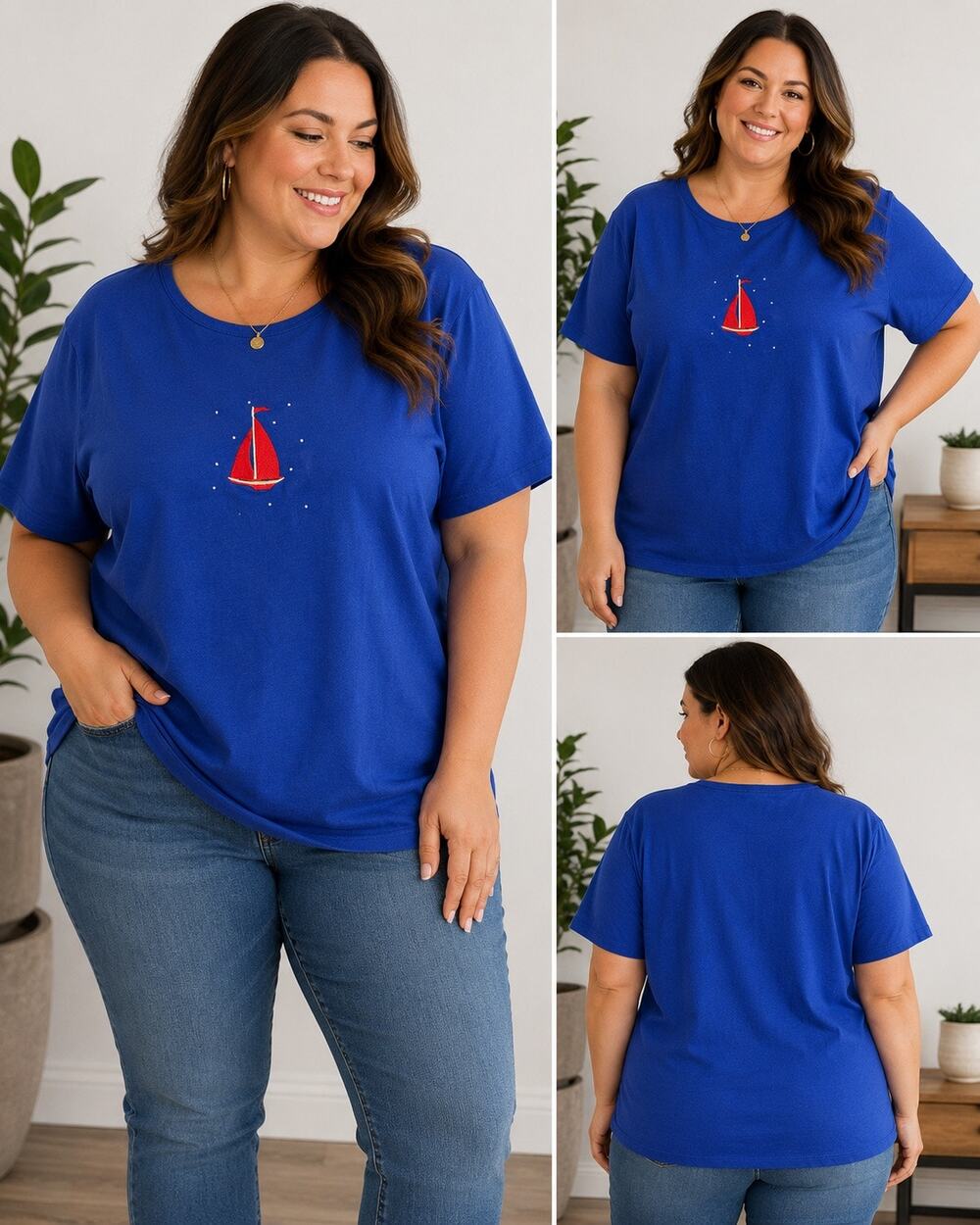 Quacker Factory Women’s 2X Blue Embroidered Sailboat T-Shirt Nautical Coastal